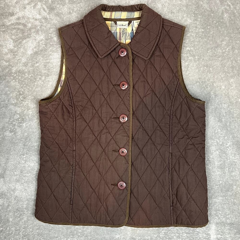 LL Bean Quilted Vest Womens S Brown Plaid‎ Lined Button Front Collared Thermal
